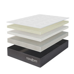 Graphic design of the DreamAway Mattress with layers separated, starting with a soft knit cool cover, then 2 inches of cooling gel memory foam, 2 inches of adaptive comfort foam, and 4 inches of supportive base foam in a dark gray base cover labeled Novaform