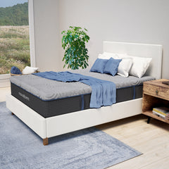 Angled front view of the Soothing Comfort Mattress showing two royal blue and charcoal handles attached to the base cover