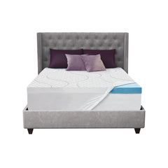 Isolated view of a bed with the ComfortGrande Topper over the mattress and part of the slip cover pulled back to reveal the 3 inch gel memory foam layer