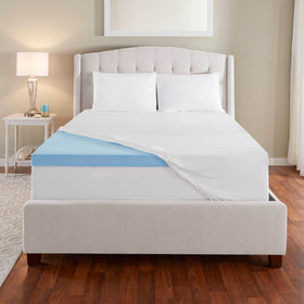 Front view of the Novaform EVENcor GelPlus Mattress Topper with the slip cover pulled back to reveal a corner of the 3 inch memory foam layer