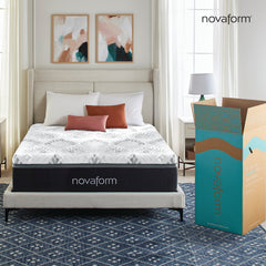 Serafina Perfect Temp Mattress in a modern bedroom on a white bedframe next to a Novaform delivery box.