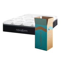 Front angled view of the Serafina 14 inch Mattress next to a Novaform delivery box.