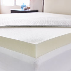 A closeup corner view of the topper on a mattress with its cover pulled back to reveal the uplifting Luracor support foam. 