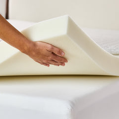 A closeup view of a woman’s hand holding up the support foam layer, showing how it is placed directly on top of a mattress. 