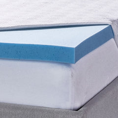 A closeup corner view of the topper on a mattress with its cover pulled back to reveal the layer of temperature-regulating Phase Change Gel over the gel memory foam. 