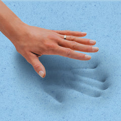 A woman’s hand hovers above her handprint in the gel memory foam layer, showing the adaptive, custom comfort that the foam provides. 