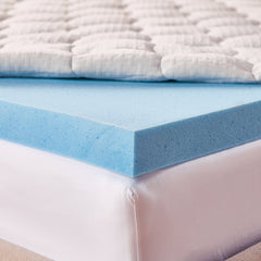 A closeup corner view of the topper on a mattress with its cover pulled back to reveal the soothing gel-infused memory foam.