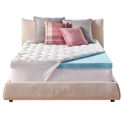 A front view of the Novaform Pillow Top Plus Mattress Topper placed on a mattress with a corner of the 1-inch plush cover pulled back to reveal the 3-inch gel memory foam layer.