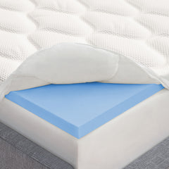 Close view of the 2 inch pillow top cover pulled back to reveal a corner of the 2 inch gel memory foam