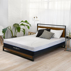 Side of front view of the SoFresh 10 Inch Gel Memory Foam Mattress complete with black and white pillows 