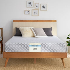 Front view of the foam mattress with revealed layers labeled "Tailored cover, 2 Inch LURAcor foam, 1 Inch EVENcor GelPlus memory foam and 9 Inch premium base foam"