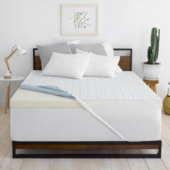 Front view of the Novaform Overnight Recovery Mattress Topper complete with white and gray pillows