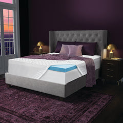 Side of front view of the Novaform ComfortGrande 3 inch Mattress Topper complete with purple pillows and a throw blanket