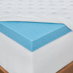 Close view of the ComfortLuxe Topper with soft knit cover pulled back to reveal a corner of the 3 inch gel memory foam layer